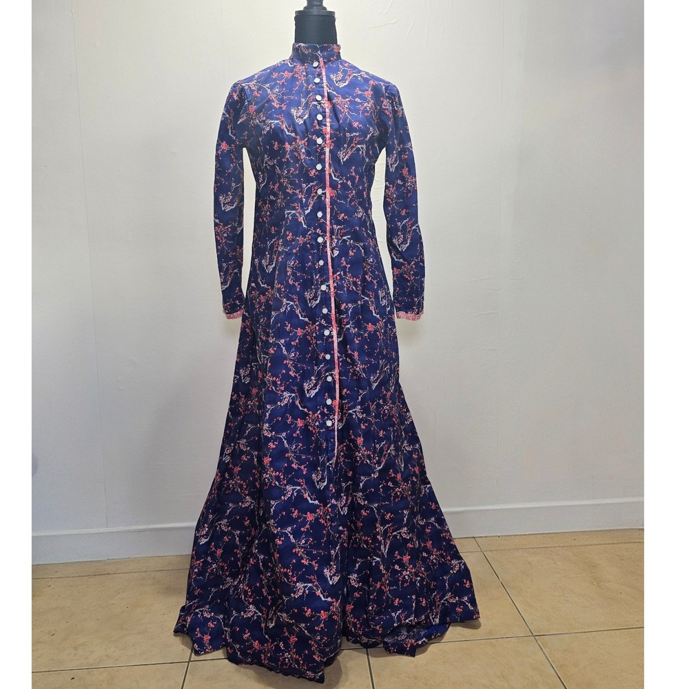 Vintage Fashions by Arbi Womens Maxi Dress Navy Cherry Blossom Mandarin Collar